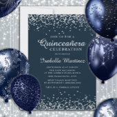 Elegant Navy Blue Silver Confetti Quinceañera Kaart