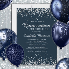 Elegant Navy Blue Silver Confetti Quinceañera Kaart