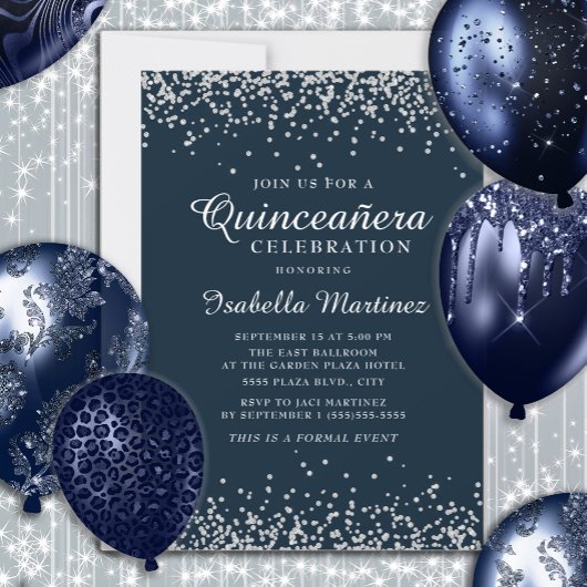 Elegant Navy Blue Silver Confetti Quinceañera Kaart