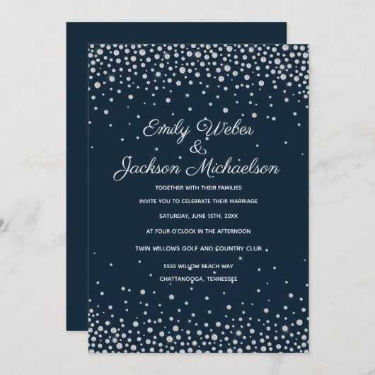 Elegant Navy Blue Silver Diamond Confetti Wedding Kaart (Voorkant / Achterkant)