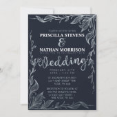 Elegant Navy Blue Silver Drawn Floral Vine Wedding Kaart (Voorkant)