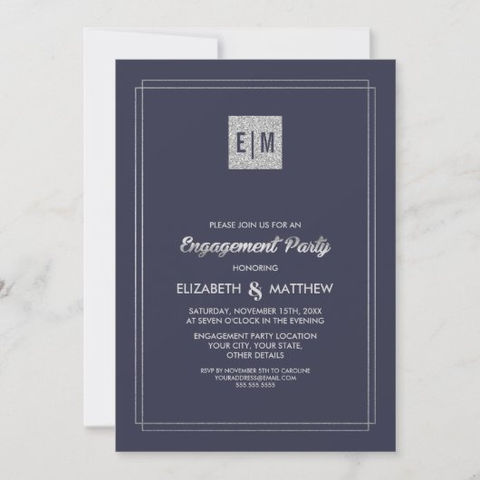 Elegant Navy Blue | Silver Engagement Party Kaart (Voorkant)
