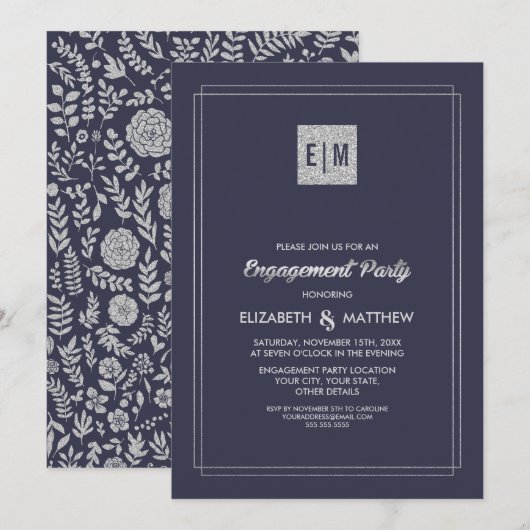 Elegant Navy Blue | Silver Engagement Party Kaart (Voorkant / Achterkant)