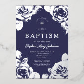 Elegant Navy Blue Silver Floral Boy Baptisme Folie Uitnodiging (Voorkant)