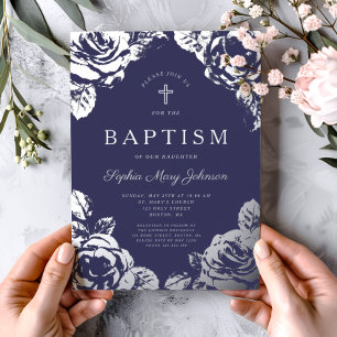 Elegant Navy Blue Silver Floral Boy Baptisme Folie Uitnodiging