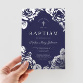 Elegant Navy Blue Silver Floral Boy Baptisme Folie Uitnodiging
