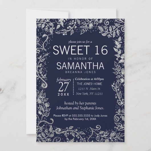 Elegant Navy Blue Silver Floral Glitter Sweet 16 Kaart (Voorkant)