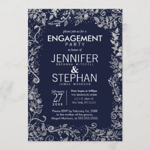 Elegant Navy Blue Silver Floral Glitter Verloving Kaart