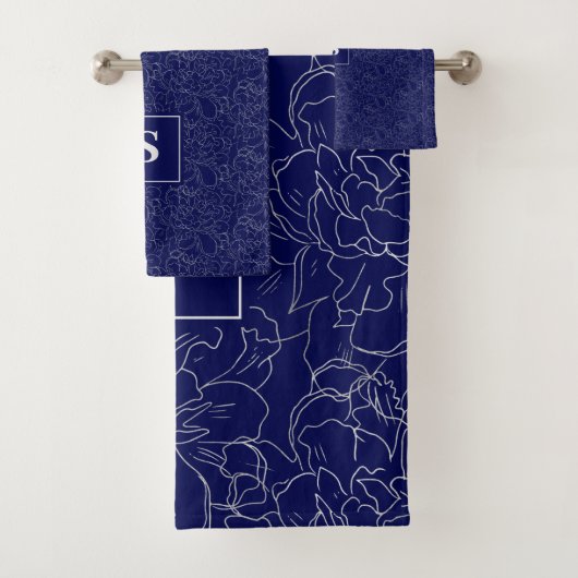Elegant Navy Blue Silver Floral Pattern Bad Handdoek (Insitu)