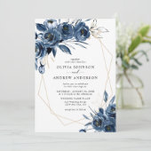 Elegant Navy Blue Silver Geometric Floral Wedding Kaart (Staand voorkant)