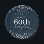 Elegant Navy Blue Silver Glitter 60th Birthday Papieren Bordje<br><div class="desc">Elegant marvy blue met zilveren glitter borden van 60ste verjaardagsfeestje,  gepersonaliseerd met een naam en leeftijd. De tekst is volledig klantgericht,  zodat ontwerp deze partijborden voor om het even welke leeftijd. Neem contact met ons op voor hulp bij aanpassingen of overeenkomende producten.</div>