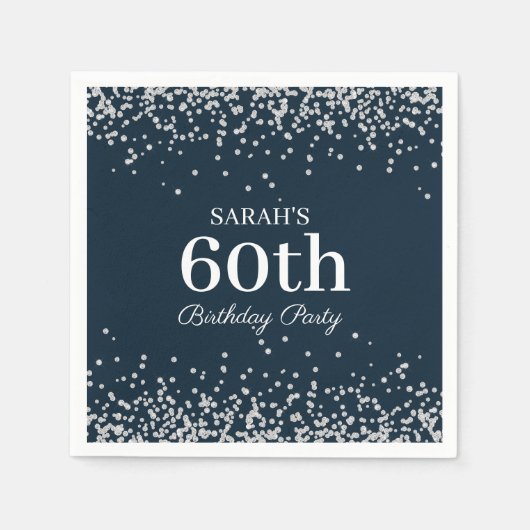 Elegant Navy Blue Silver Glitter 60th Birthday Servet (Voorkant)