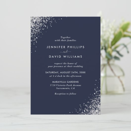 Elegant Navy Blue Silver Glitter Confetti Wedding Kaart (Staand voorkant)