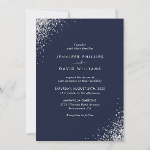 Elegant Navy Blue Silver Glitter Confetti Wedding Kaart