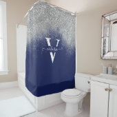 Elegant Navy Blue Silver Glitter Sparkle Monogram Douchegordijn (In situ)