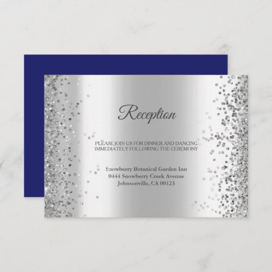 Elegant Navy Blue Silver Glitter Sparkle Wedding Informatiekaartje (Voorkant / Achterkant)