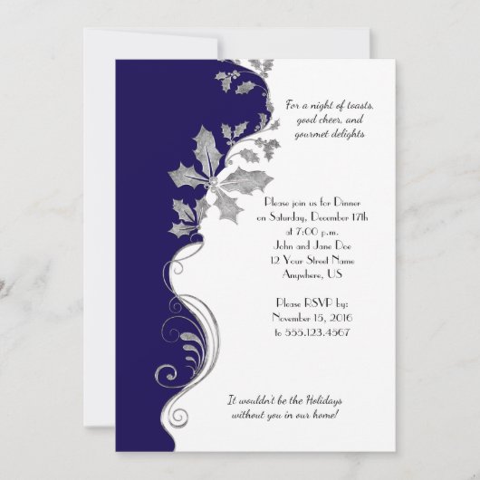 Elegant Navy Blue Silver Holly Kerstfeest Kaart (Voorkant)