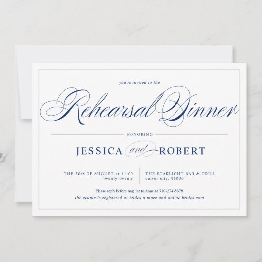 Elegant Navy Blue Silver Lines Rehearsal Dinner Kaart (Voorkant)