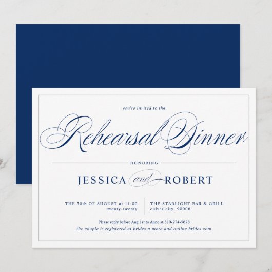 Elegant Navy Blue Silver Lines Rehearsal Dinner Kaart (Voorkant / Achterkant)