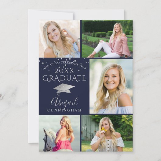 Elegant Navy Blue Silver Photo Collage Afstuderen Kaart (Voorkant)