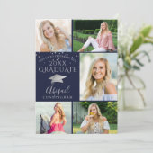 Elegant Navy Blue Silver Photo Collage Afstuderen Kaart (Staand voorkant)