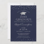 Elegant Navy Blue Silver Photo Collage Afstuderen Kaart (Achterkant)