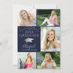 Elegant Navy Blue Silver Photo Collage Afstuderen Kaart