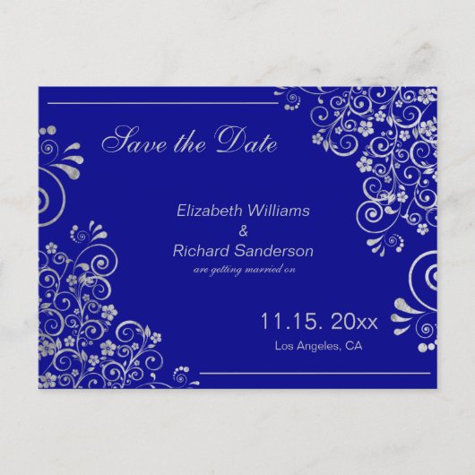 Elegant Navy Blue Silver Save the Date Wedding Aankondigingskaart (Voorkant)
