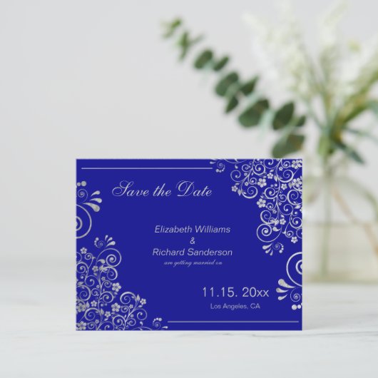 Elegant Navy Blue Silver Save the Date Wedding Aankondigingskaart (Staand voorkant)