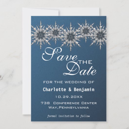 Elegant Navy Blue Silver Snowflake Save the Date (Voorkant)