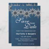Elegant Navy Blue Silver Snowflake Save the Date (Voorkant / Achterkant)