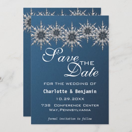 Elegant Navy Blue Silver Snowflake Save the Date (Voorkant / Achterkant)