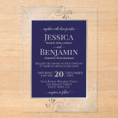 Elegant Navy Blue & Silver Stylish Text Wedding Acryl Uitnodigingen (Voorkant)