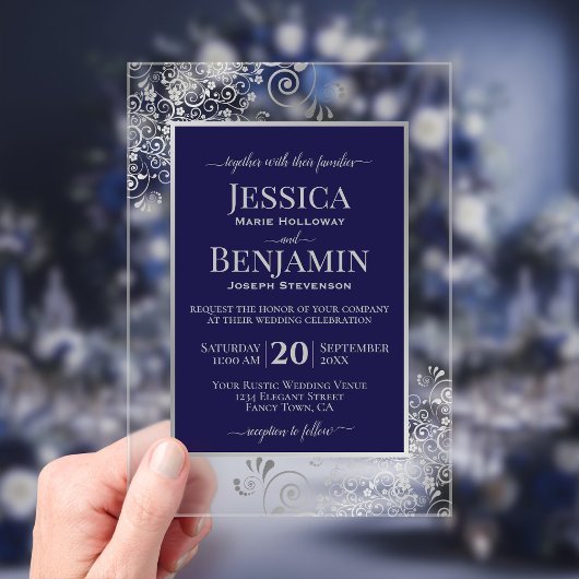 Elegant Navy Blue & Silver Stylish Text Wedding Acryl Uitnodigingen