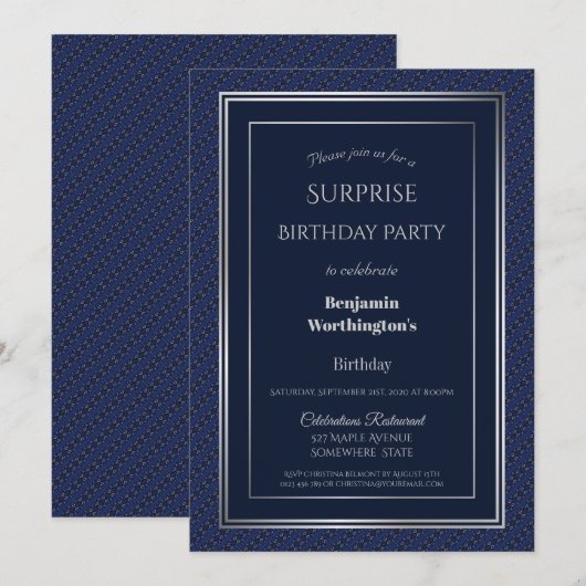 Elegant Navy Blue Silver Surprise Birthday Party Kaart (Voorkant / Achterkant)
