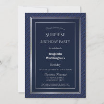 Elegant Navy Blue Silver Surprise Birthday Party