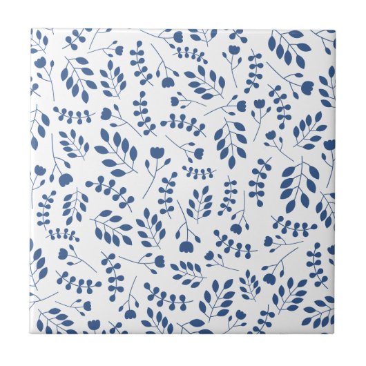 Elegant Navy Blue Simple Botanical Pattern White Tegeltje (Voorkant)