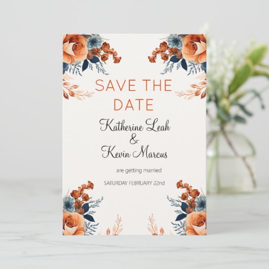 Elegant Navy Blue Sinaasappel Bloemen Save the Dat Kaart (Staand voorkant)