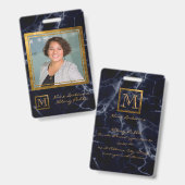 Elegant Navy Blue Square Gold Monogram Notary Badge (Voor- en achterkant)