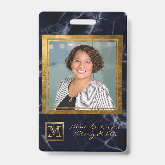 Elegant Navy Blue Square Gold Monogram Notary Badge (Voorzijde)