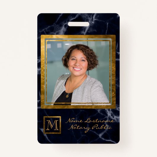 Elegant Navy Blue Square Gold Monogram Notary Badge (Voorkant)
