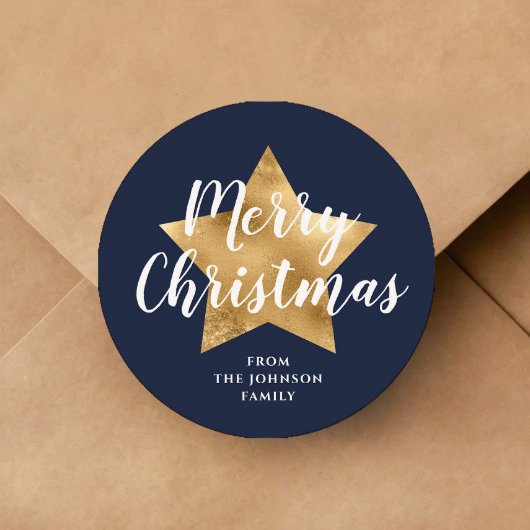 Elegant Navy Blue Star Vrolijk Kerstfeest Ronde Sticker