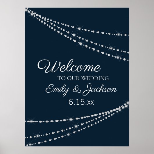 Elegant Navy Blue String Lights Wedding Poster (Voorkant)