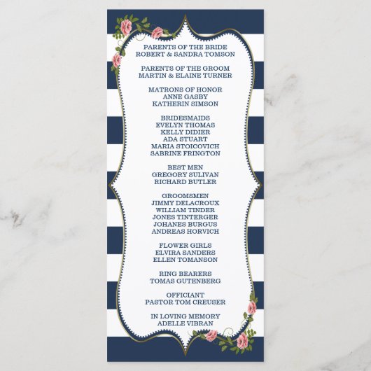 Elegant Navy Blue Stripes Wedding Ceremony Program Programmakaart (Achterkant)