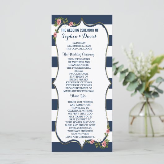 Elegant Navy Blue Stripes Wedding Ceremony Program Programmakaart (Staand voorkant)