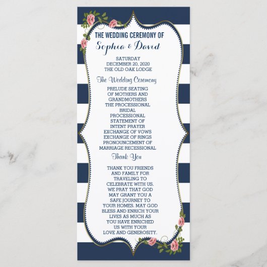 Elegant Navy Blue Stripes Wedding Ceremony Program Programmakaart (Voorkant)