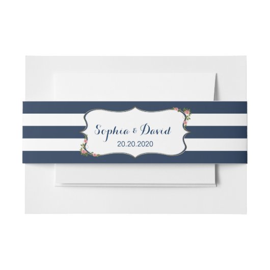 Elegant Navy Blue Stripes Wedding Custom Uitnodigingen Wikkel (Voorkant Voorbeeld)