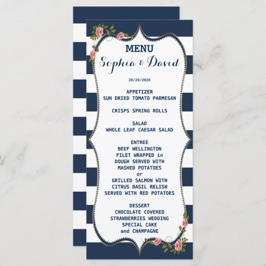 Elegant Navy Blue Stripes Wedding Menu Custom (Voorkant / Achterkant)