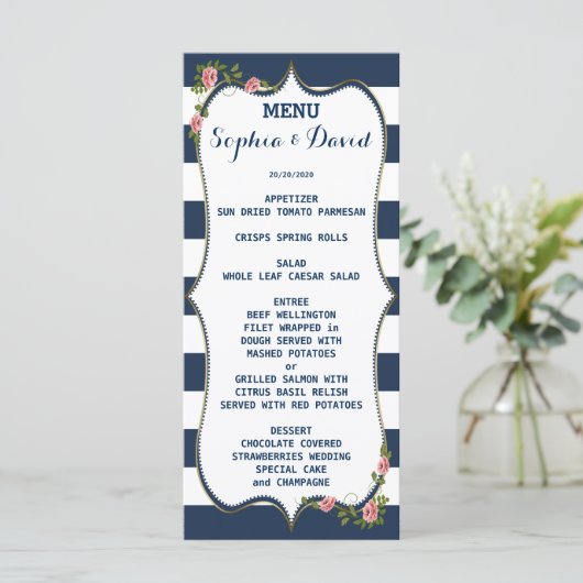 Elegant Navy Blue Stripes Wedding Menu Custom (Staand voorkant)