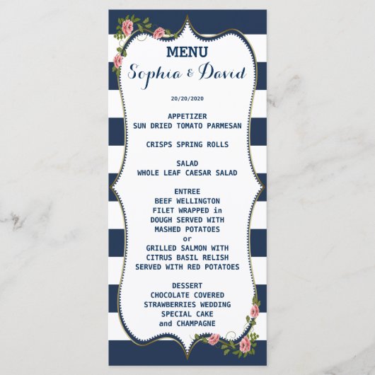 Elegant Navy Blue Stripes Wedding Menu Custom (Voorkant)